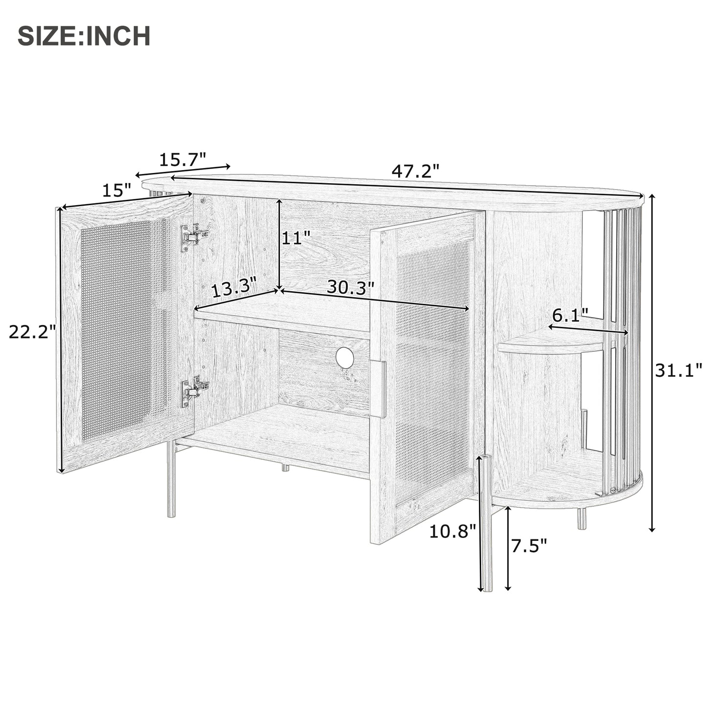 TREXM 2-Door Elegant Curved Dining Cabinet with Gold Trim and Woven Rattan Doors for Dining Room (White)