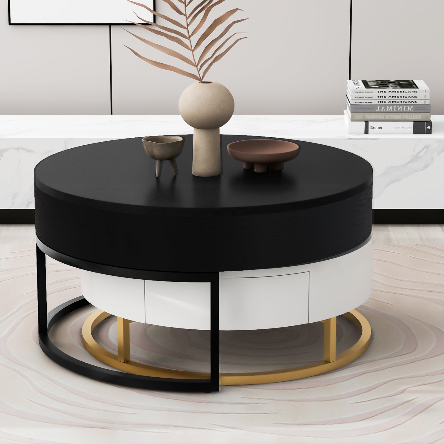 Modern Round Lift-top Nesting Coffee Tables with 2 Drawers White & Black