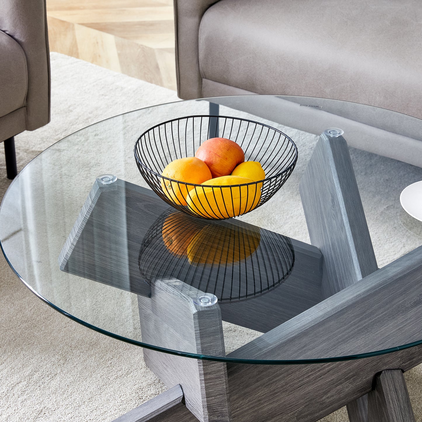 Contemporary Round Coffee Table with Tempered Glass Top - 33.4" Design, Suitable for Living and Dining Areas