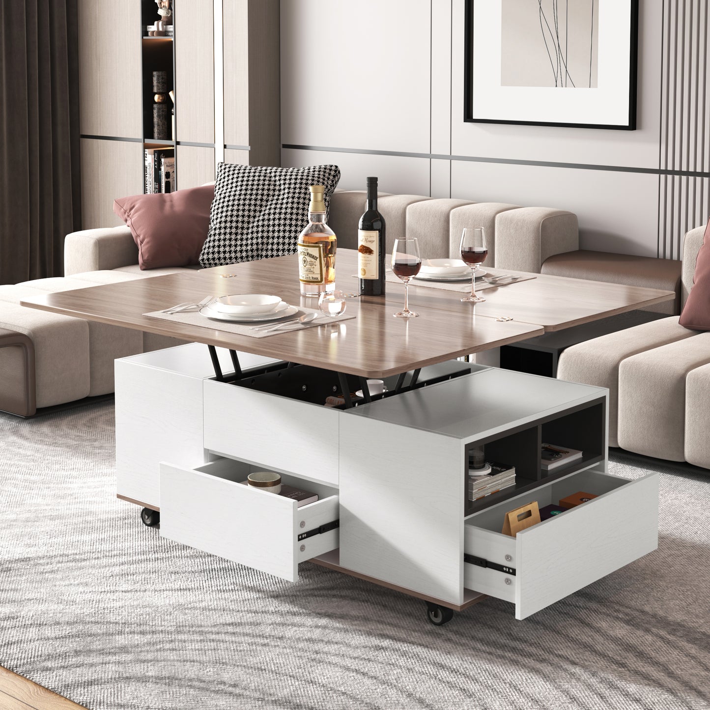 Modern Walnut & White Lift Top Coffee Table Multifunctional Table with Drawers & Shelves