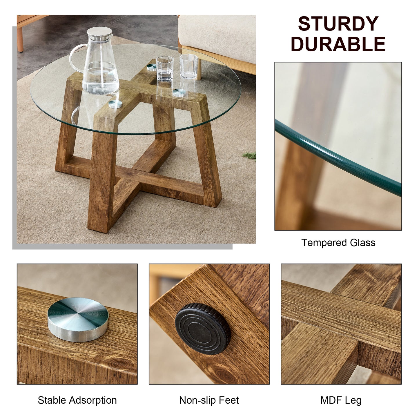 Modern practical circular coffee and tea tables. Made of transparent tempered glass tabletop and wood colored MDF material. Suitable for living rooms and bedrooms.31.5"*31.5"*17.7"