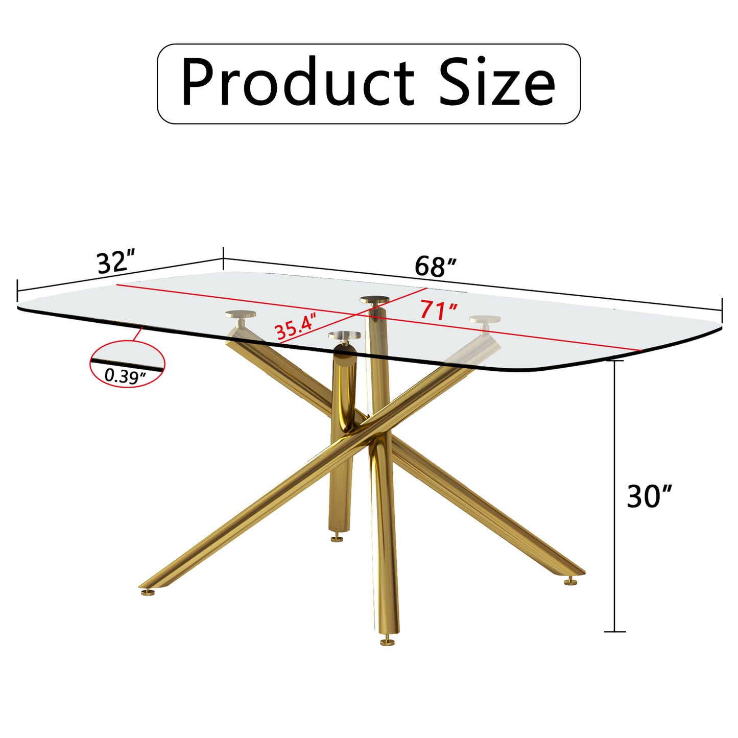 Large Modern Minimalist Rectangular Glass Dining Table with 0.39" Tempered Glass Top and Gilded Metal Legs for Kitchen, Dining Room, Living Room, Meeting Room, Ballroom 71" x 35.4" x 30".