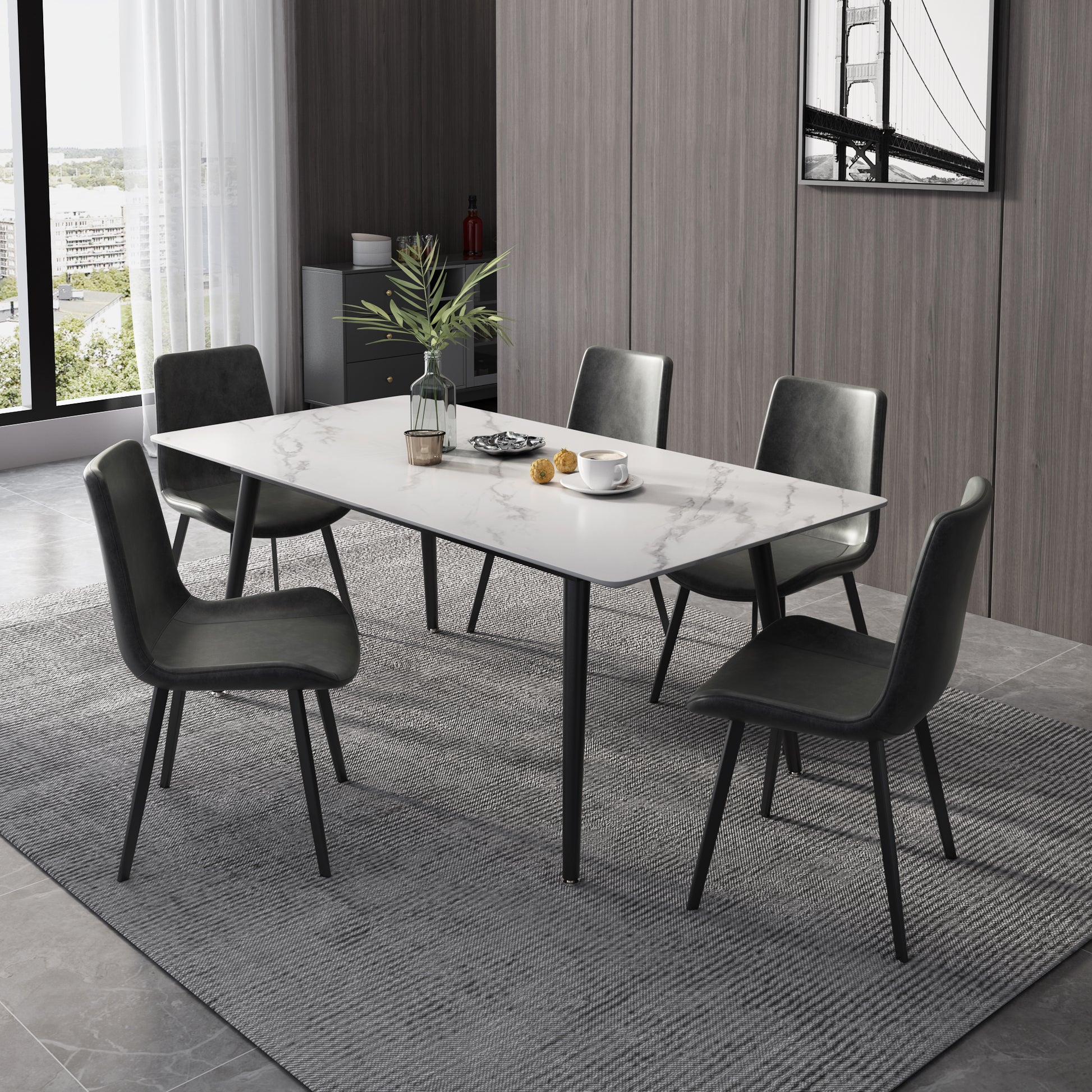 Modern Sintered Rectangle Dining Table Set with White Stone Top 6 Persons 4 Legs