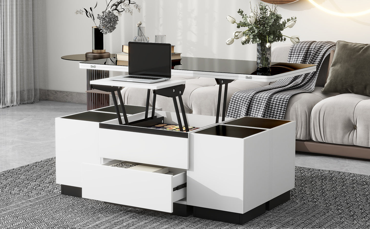 Modern White Lift Top Glass Coffee Table with Drawers & Storage Multifunction Table