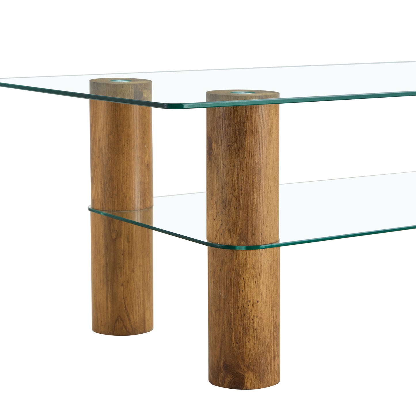 Modern Minimalist Double-Layer Transparent Tempered Glass Coffee Table with Wooden MDF Decorative Columns