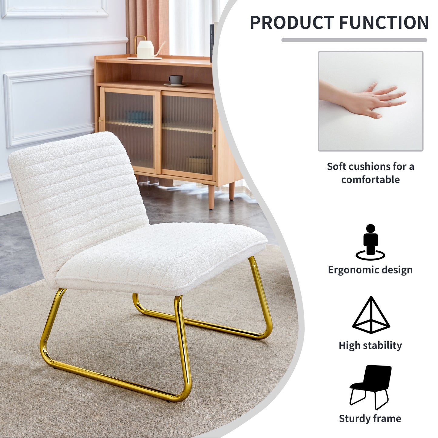 White Minimalist Armless Sofa Chair with Plush Cushion and Backrest - Elegant Design with Golden Metal Legs, Ideal for Offices, Restaurants, Kitchens, and Bedrooms