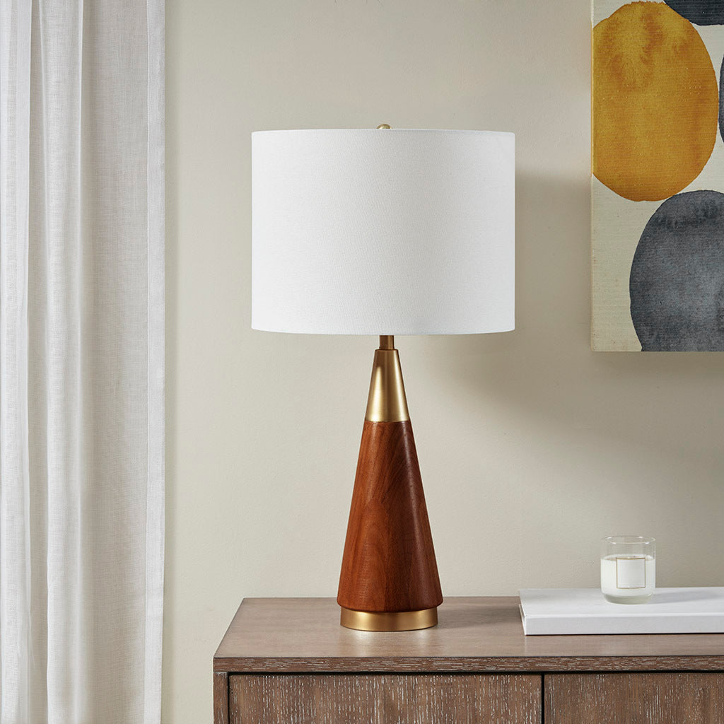 Mid-Century Table Lamp: Triangular Design with Espresso Wood Grain Finish and Metal Accents