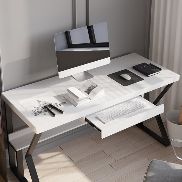 White Wooden Writing Desk Computer Desk with Shelf & Drawer Black Legs