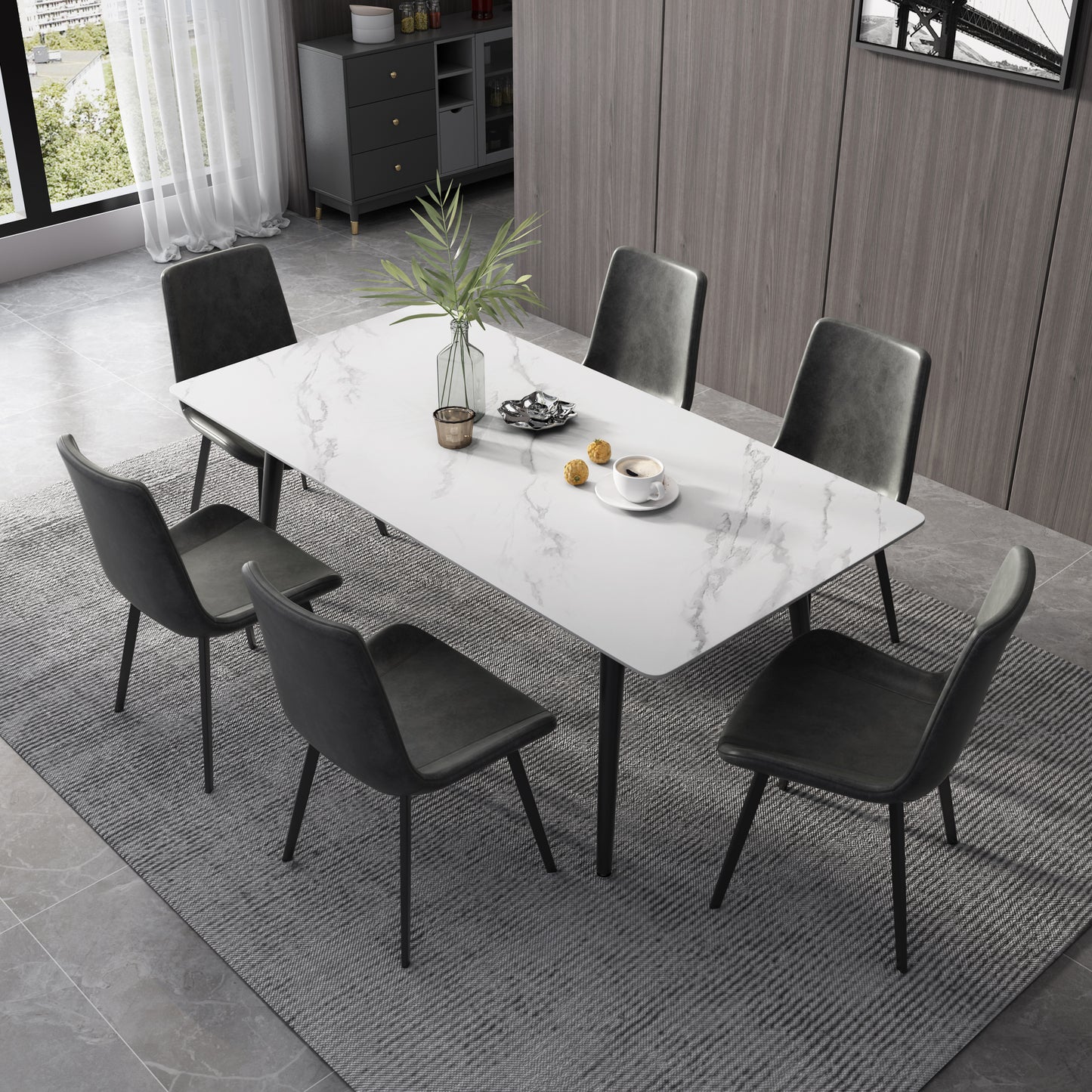 Modern Sintered Rectangle Dining Table Set with White Stone Top 6 Persons 4 Legs