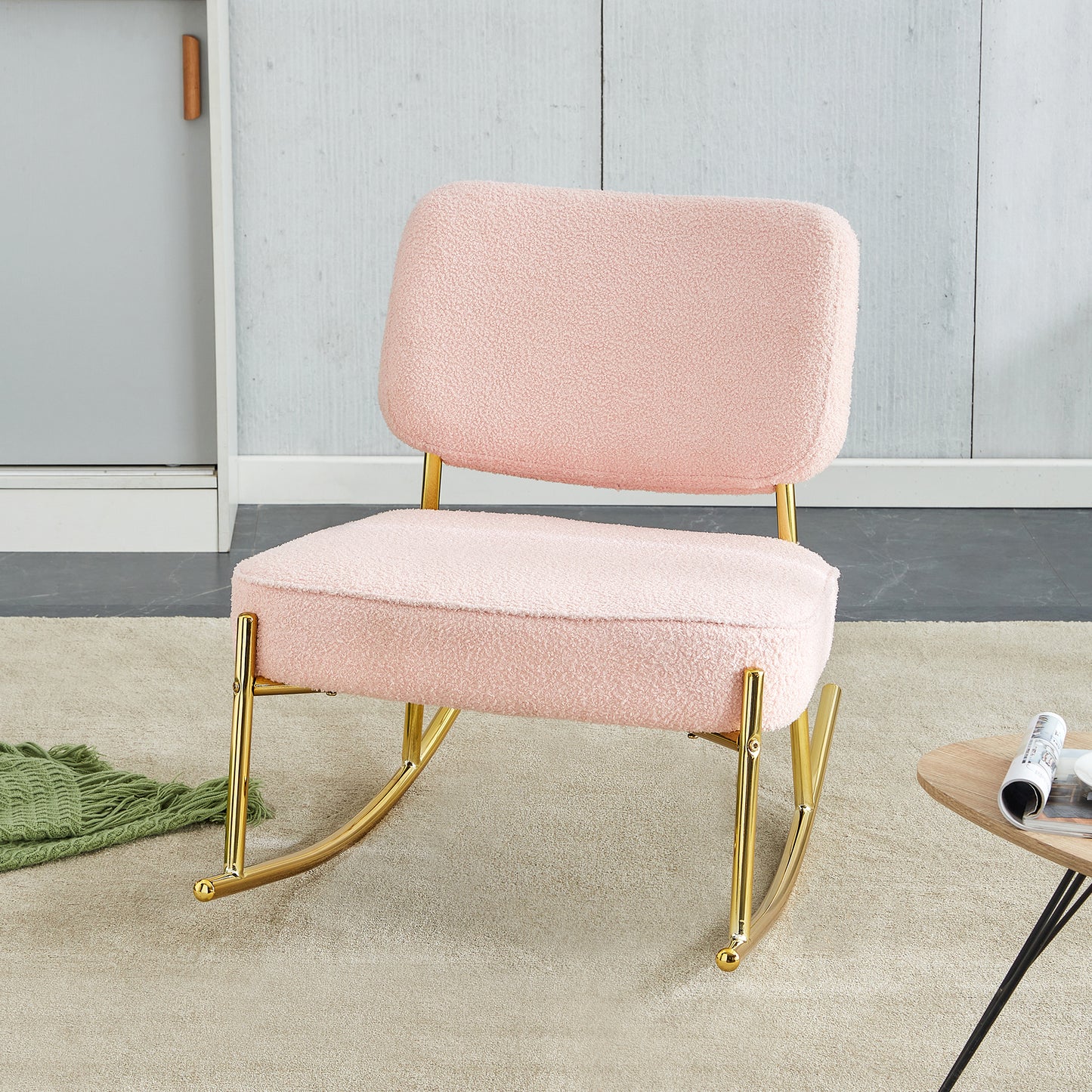 Comfortable Teddy Velvet Rocking Chair with Pink Backrest & Golden Metal Legs