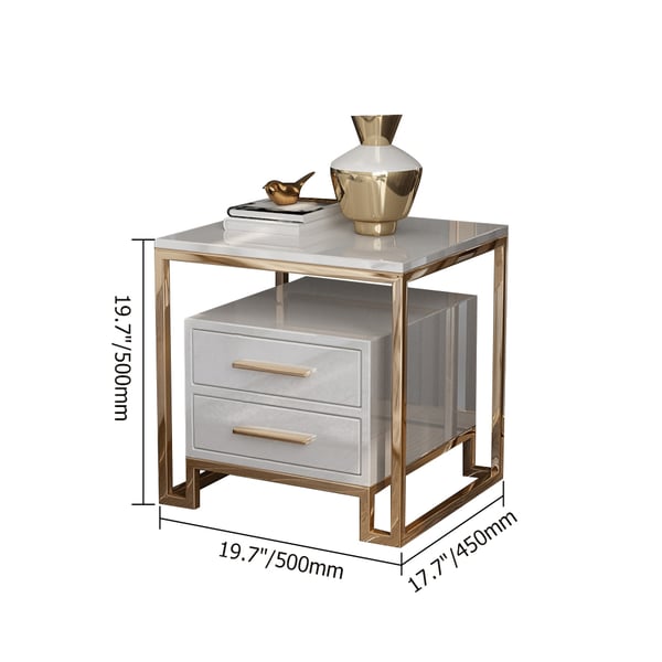 White Side Table with Two-Drawer End Table Stainless Steel in Gold