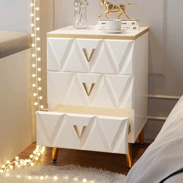 Nordic White Nightstand 3-Drawer V-Shaped Gold Pulls in Large