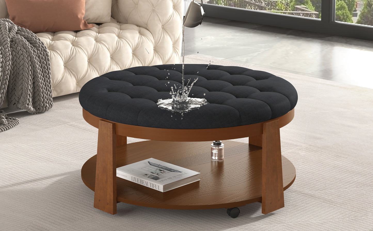 Modern Large Round Ottoman Coffee Table 2-Tier Oversized Button Tufted Ottoman with Wood Shelf Storage Upholstered Coffee Table for Living Room Footrest Ottoman with wheel, waterproof Linen