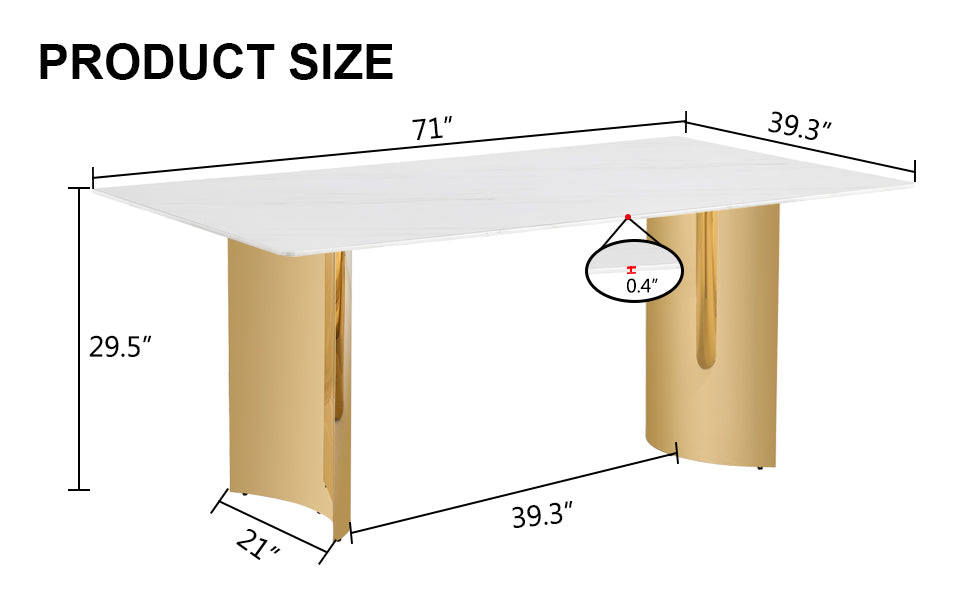 Stylish 71" Minimalist Dining Table with White Imitation Marble Glass Surface and Gold Metal Legs - Ideal for Dining Areas and Living Spaces