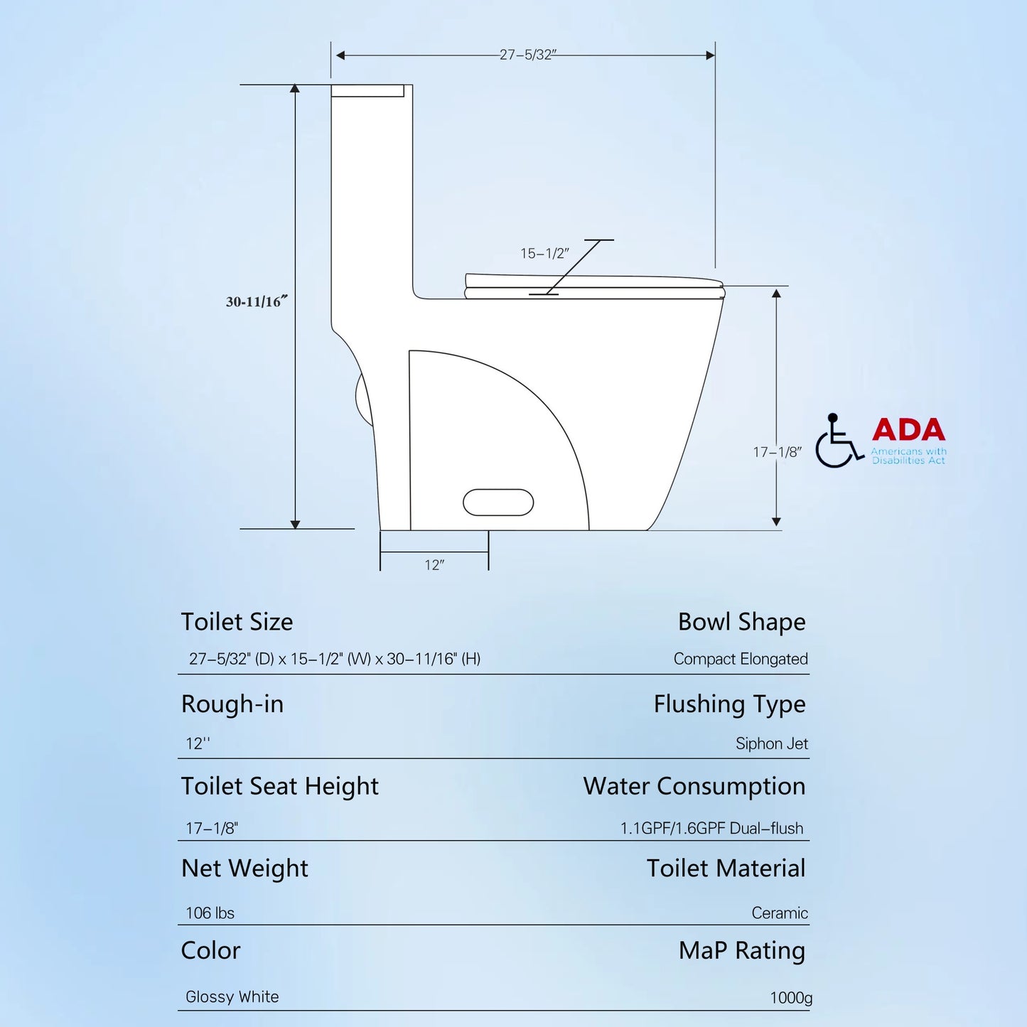 High-Efficiency 1.1/1.6 GPF Dual Flush One-Piece Toilet – Elongated Bowl with Soft Close Seat in Glossy White