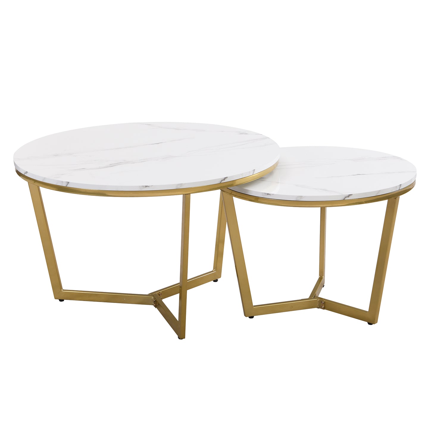 Modern Round Nesting Coffee Table Set 2-Piece White & Marbling Top Gold Base