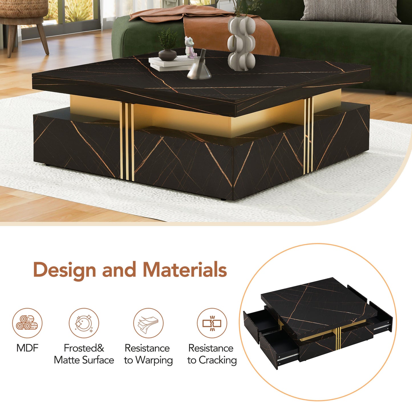 Modern Black Square Storage Coffee Table With 4 Drawers