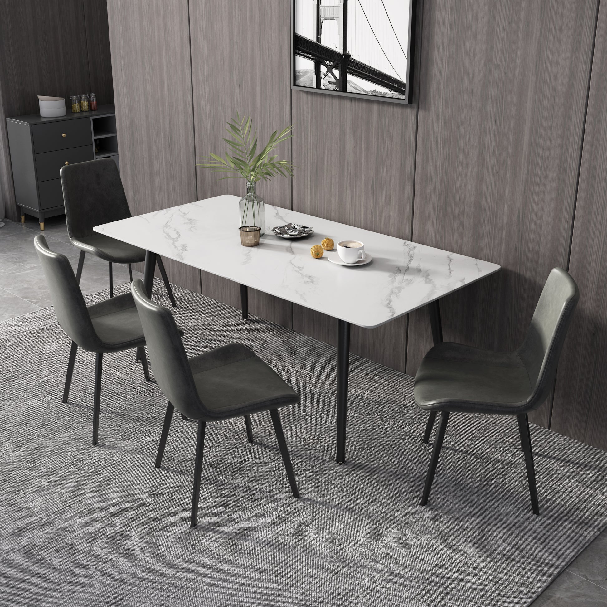 Modern Sintered Rectangle Dining Table Set with White Stone Top 6 Persons 4 Legs