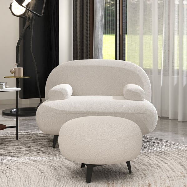 Modern White Cream Boucle Accent Chair with Pouf Ottoman Set Lounge Chair with Footstool