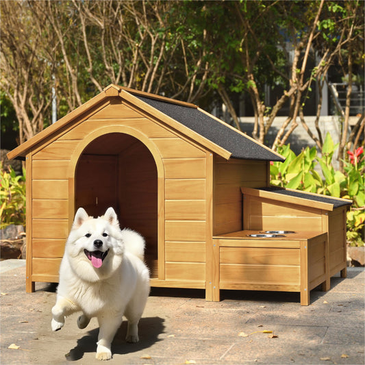 GO 51.18" L x 43.7" W x 37" H Large Size Wooden Dog House, Dog Crate For large dog breeds, Cabin Style Raised Dog Shelter with Asphalt Roof, Solid Wood, Weatherproof, Nature
