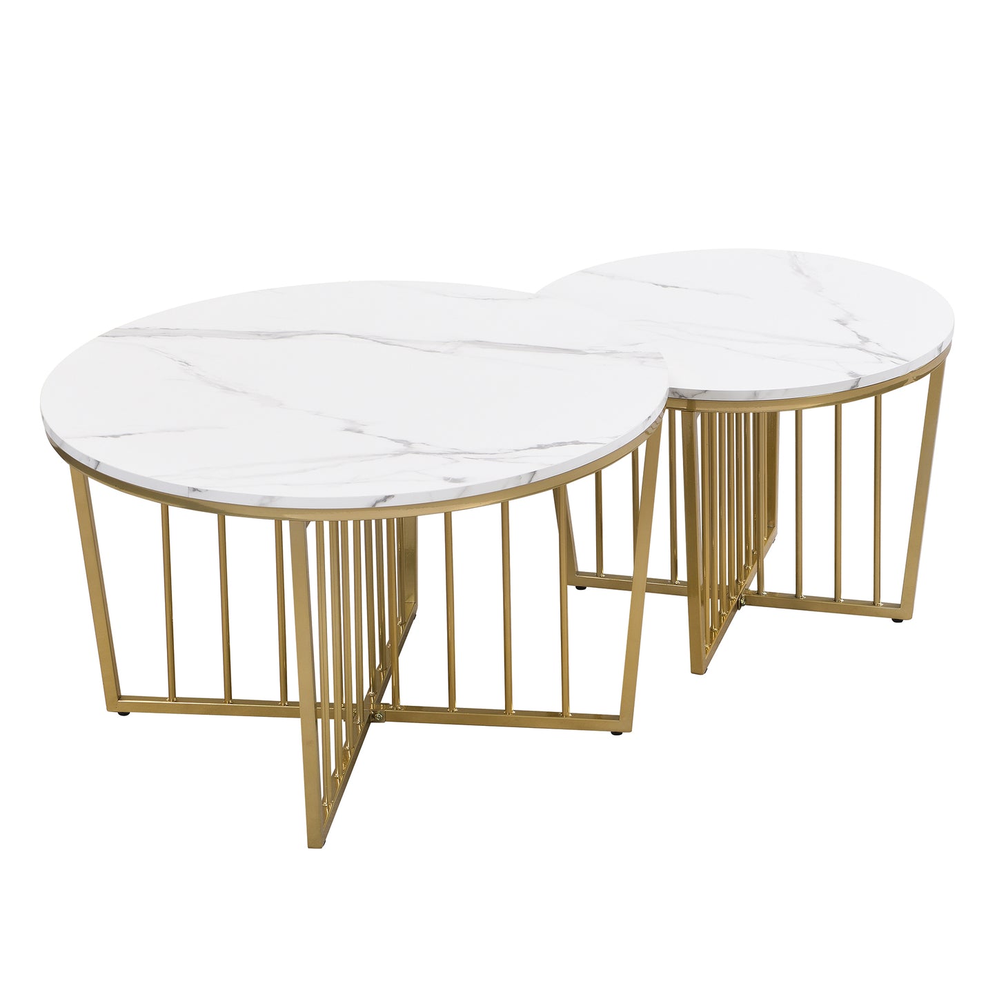 Modern Round Nesting Coffee Table Set 2-Piece White & Marbling Top Gold Base