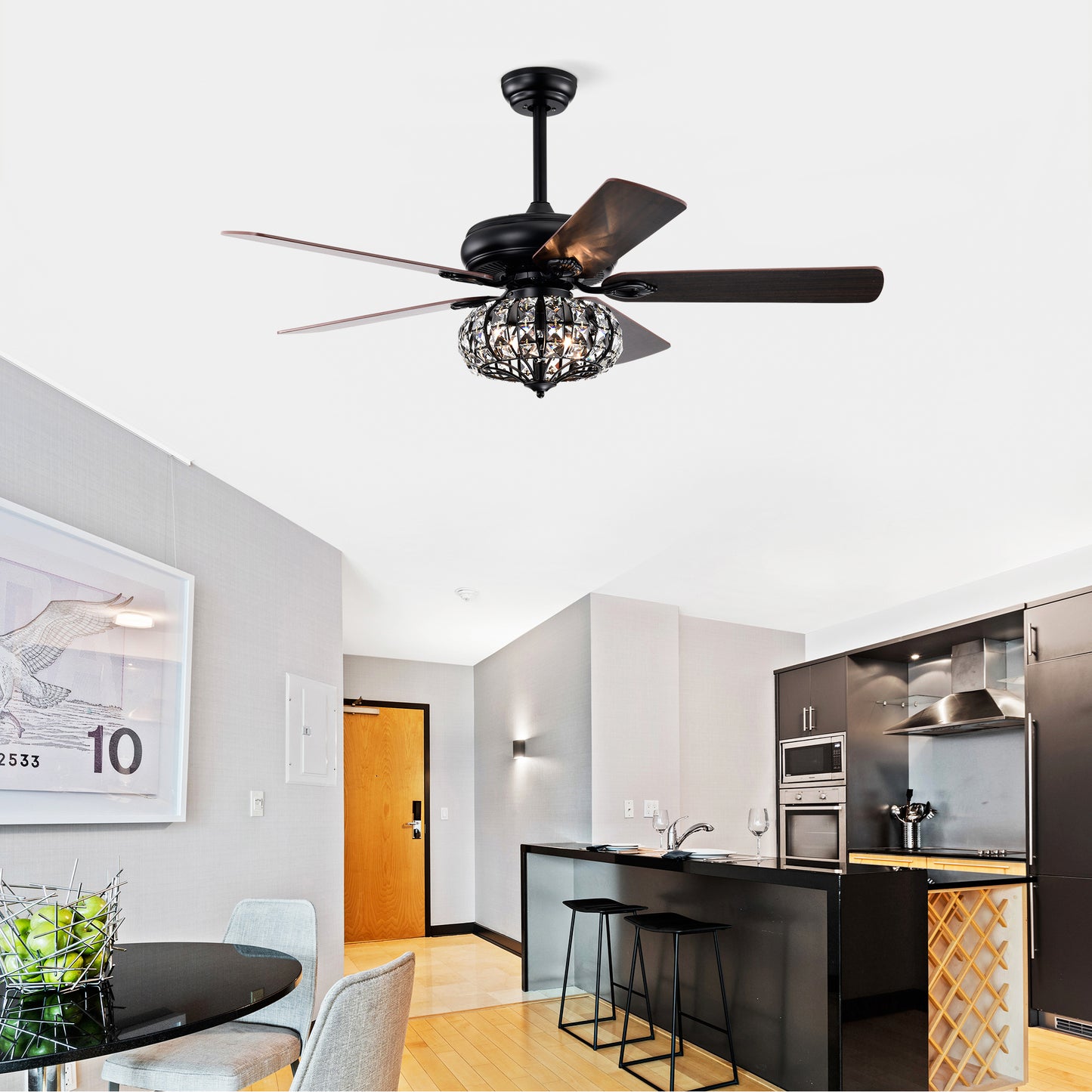 Elegant 52" Ceiling Fan Lamp - Crystal Shade, Remote Control, 3 Speeds, and 5 Reversible Blades - Matte Black