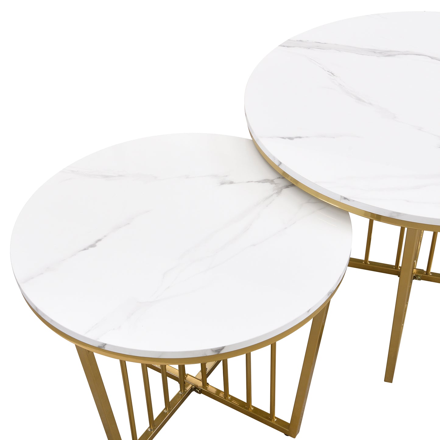 Modern Round Nesting Coffee Table Set 2-Piece White & Marbling Top Gold Base