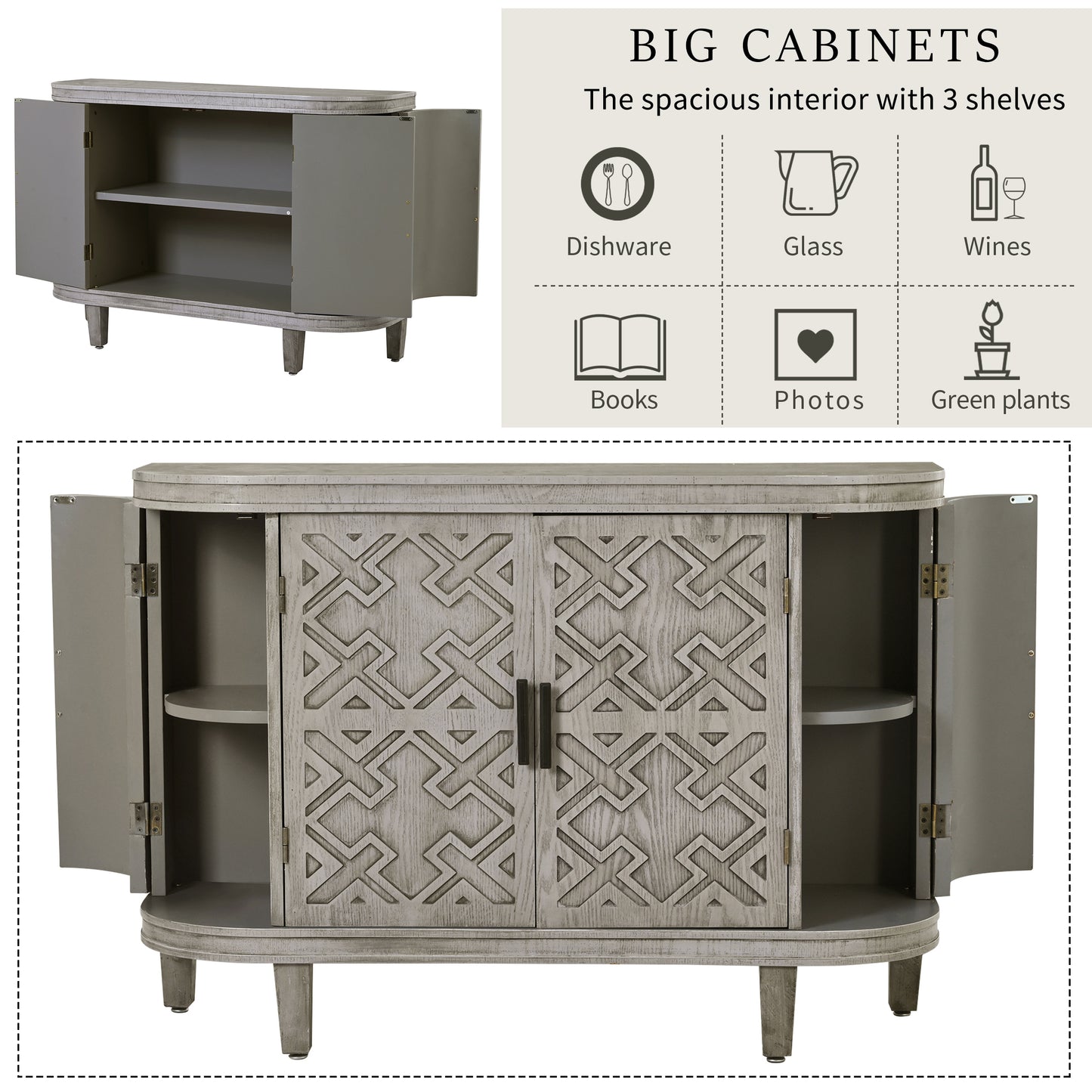 U-Style Accent Storage Cabinet Sideboard Wooden Cabinet with Antique Pattern Doors for Hallway, Entryway, Living Room