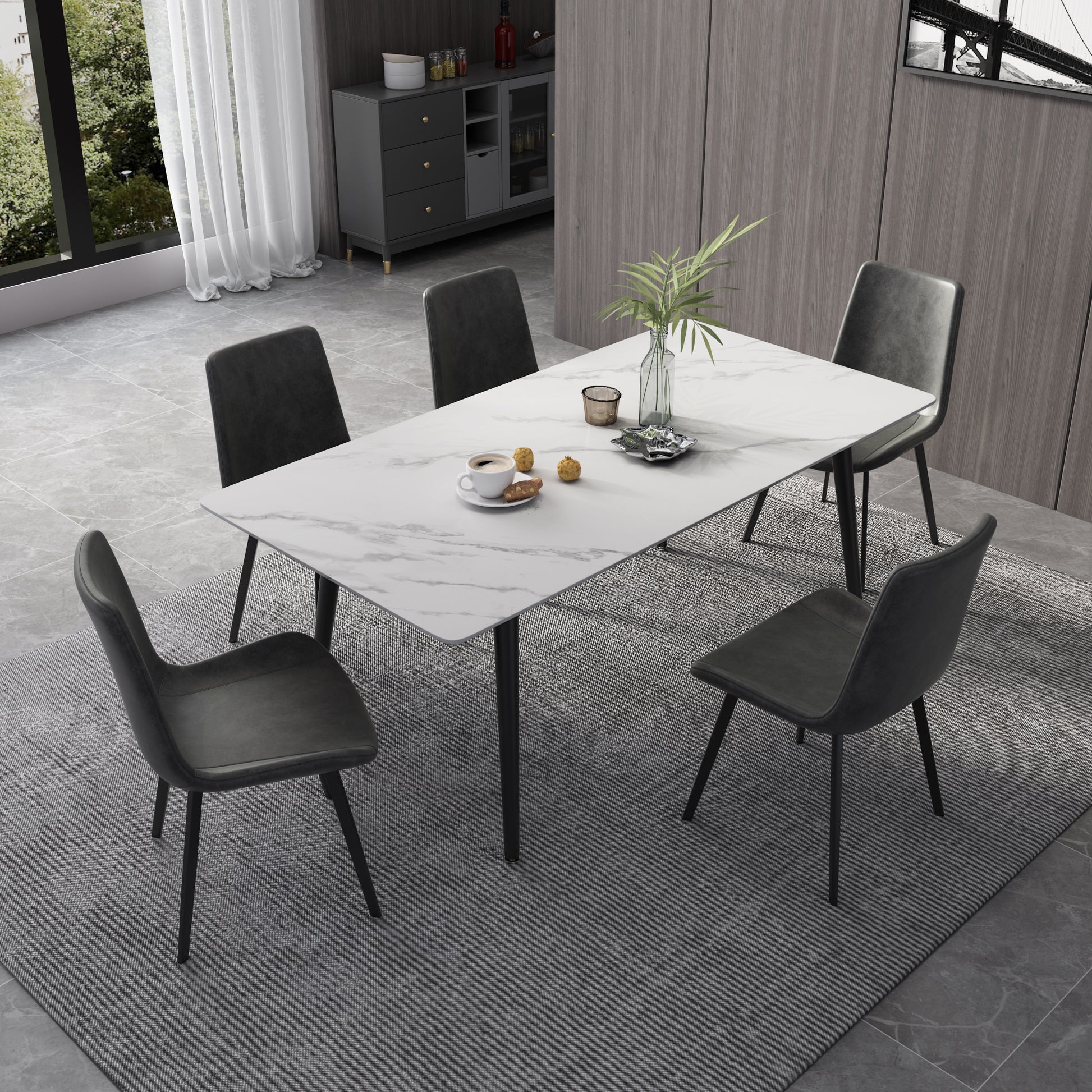 Modern Sintered Rectangle Dining Table Set with White Stone Top 6 Persons 4 Legs
