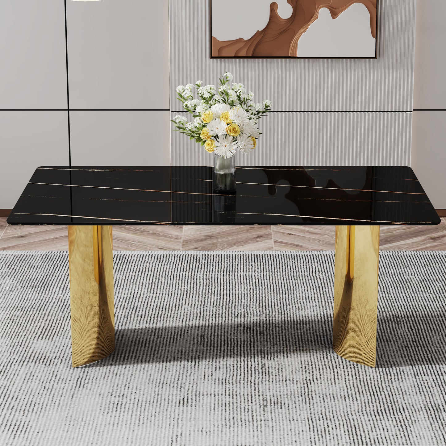 Modern minimalist dining table. The black patterned glass desktop is equipped with golden metal legs. Suitable for restaurants and living rooms  71" *39.3" *29.5"  DT-69