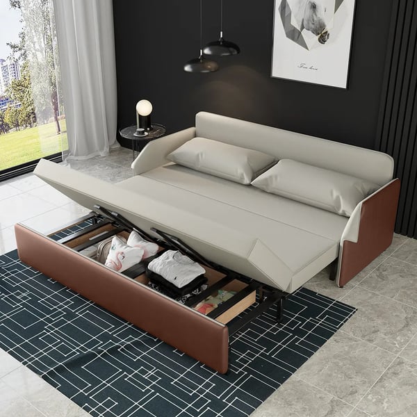 77 Inches Modern Beige & Brown Convertible Storage Full Sleeper Sofa Leath-Aire Upholstery