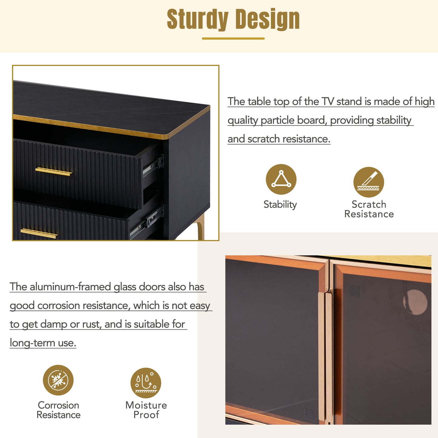 ON-TREND Stylish LED TV Stand with Marble-veined Table Top for TVs Up to 78'', Entertainment Center with Brown Glass Storage Cabinet, Golden Legs & Handles for Living Room, Black