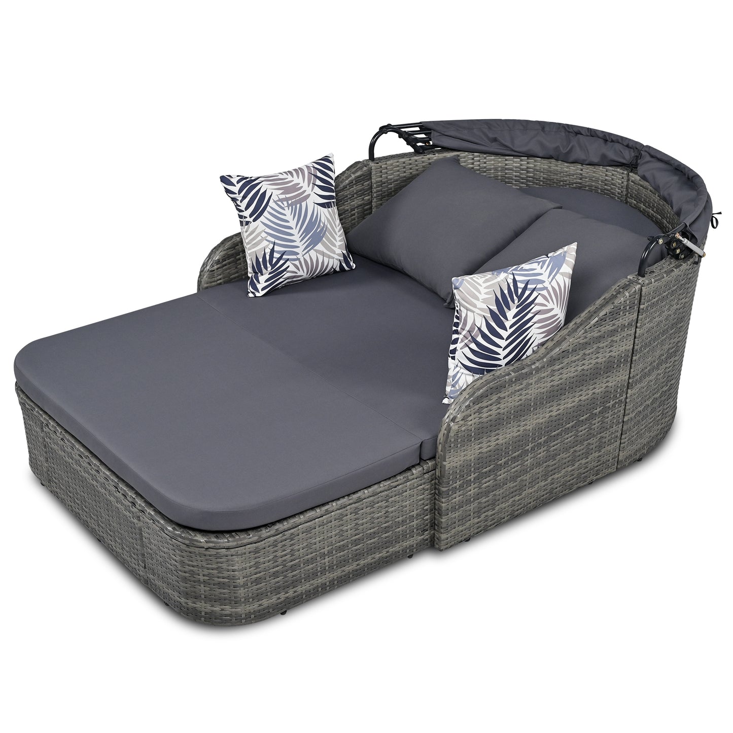 79.9” Outdoor Sunbed with Adjustable Canopy: Double Lounge PE Rattan Daybed in Gray Wicker with Comfortable Cushions for Ultimate Relaxation