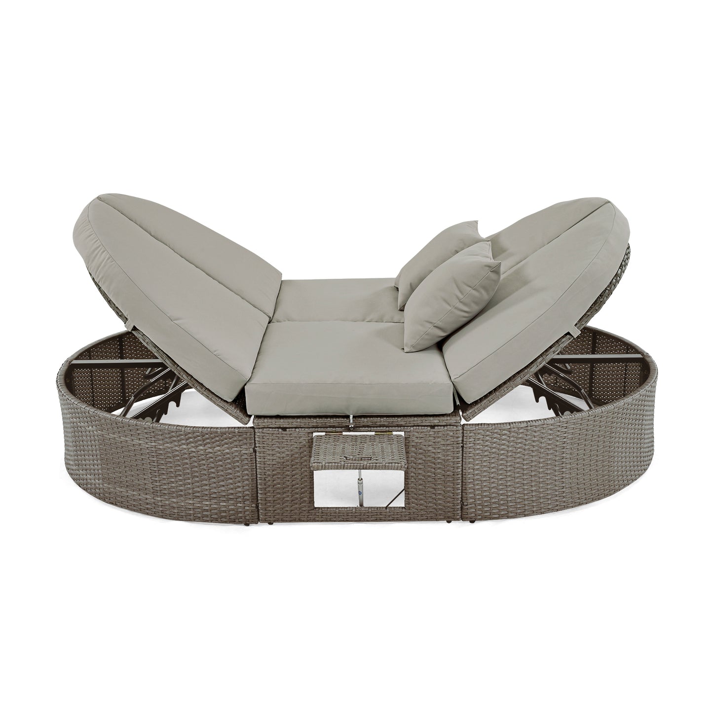 TOPMAX Lit de bronzage d'extérieur pour 2 personnes avec coussins et oreillers, chaise longue inclinable de jardin en rotin avec dossiers réglables et plateaux à tasses pliables pour pelouse, bord de piscine, gris