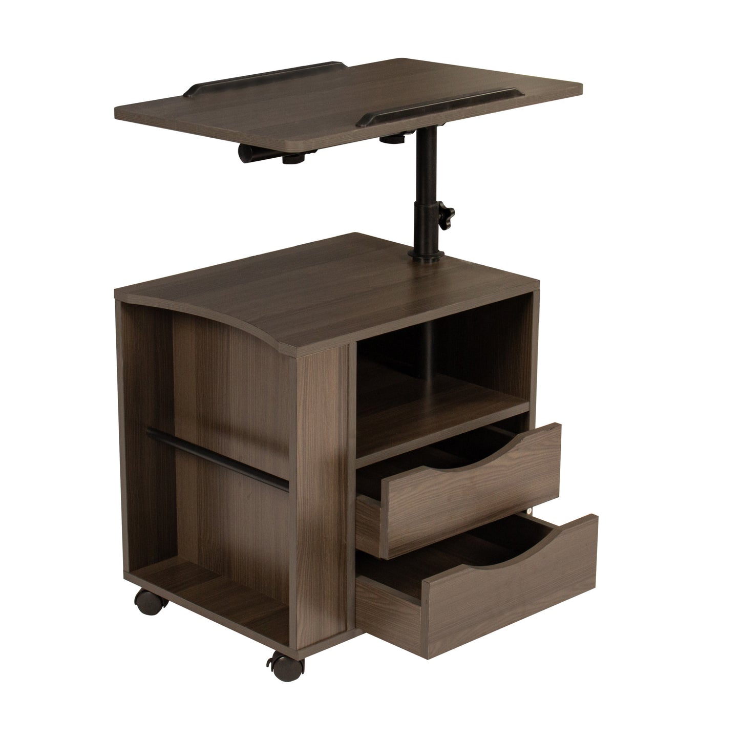 Table de chevet en bois à hauteur réglable avec plateau pivotant, tiroirs de rangement, roulettes et étagère ouverte (chêne noir)