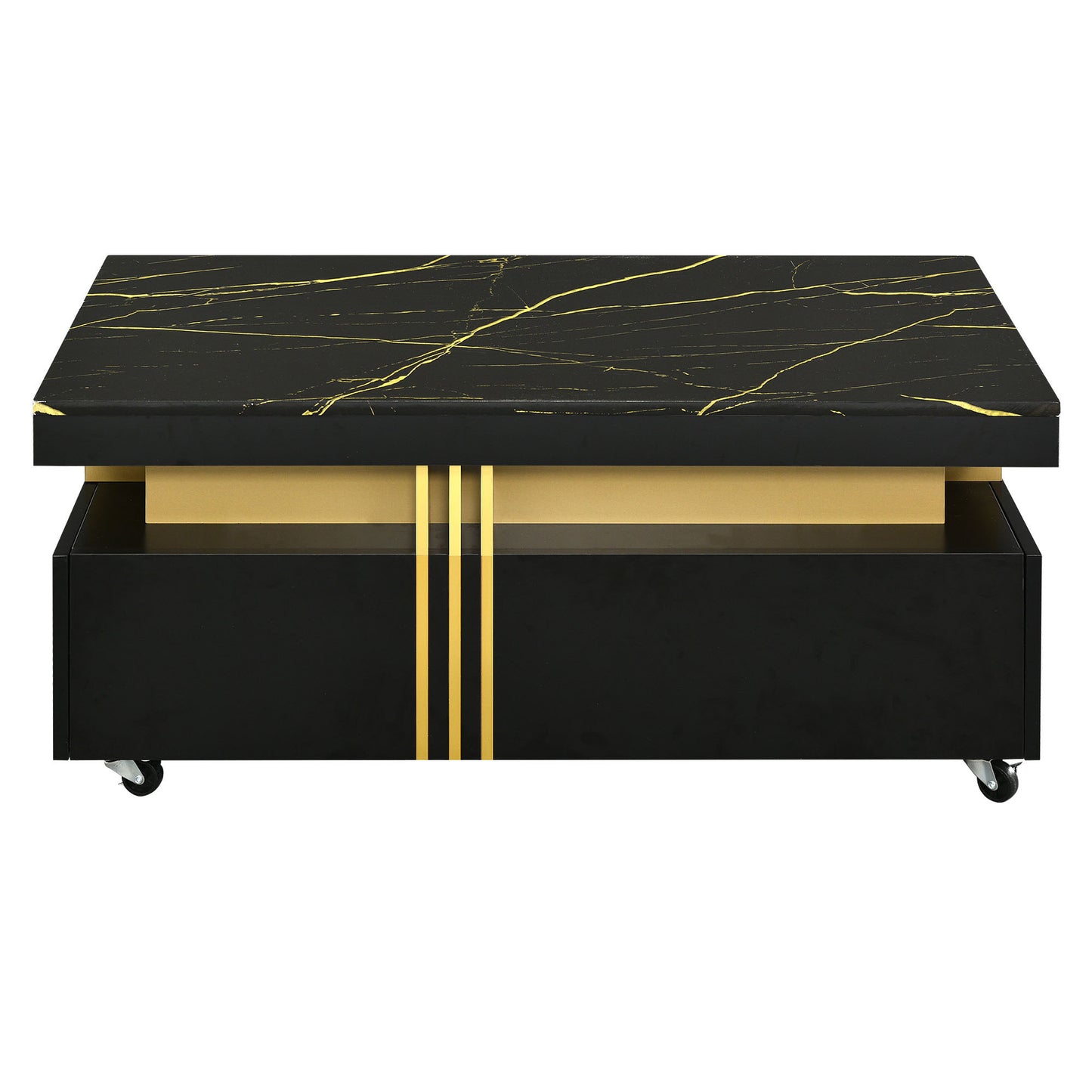 [VIDEO provided] ON-TREND Contemporary Coffee Table with Faux Marble Top, Rectangle Cocktail Table with Caster Wheels, Moderate Luxury Center Table with Gold Metal Bars for Living Room, Black