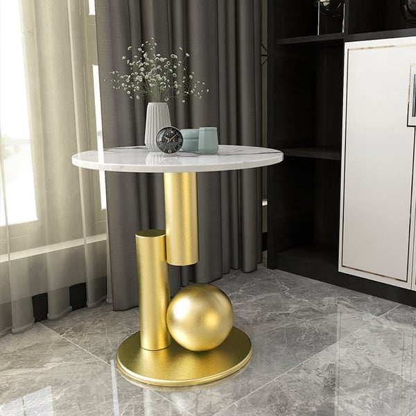 Modern White End Table Round Marble Stone Top with Abstract Metal Base