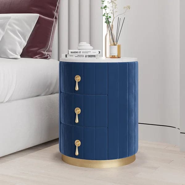 Blue Velvet Nightstand with Storage Sintered Stone Top Round Nightstand with 3 Drawers