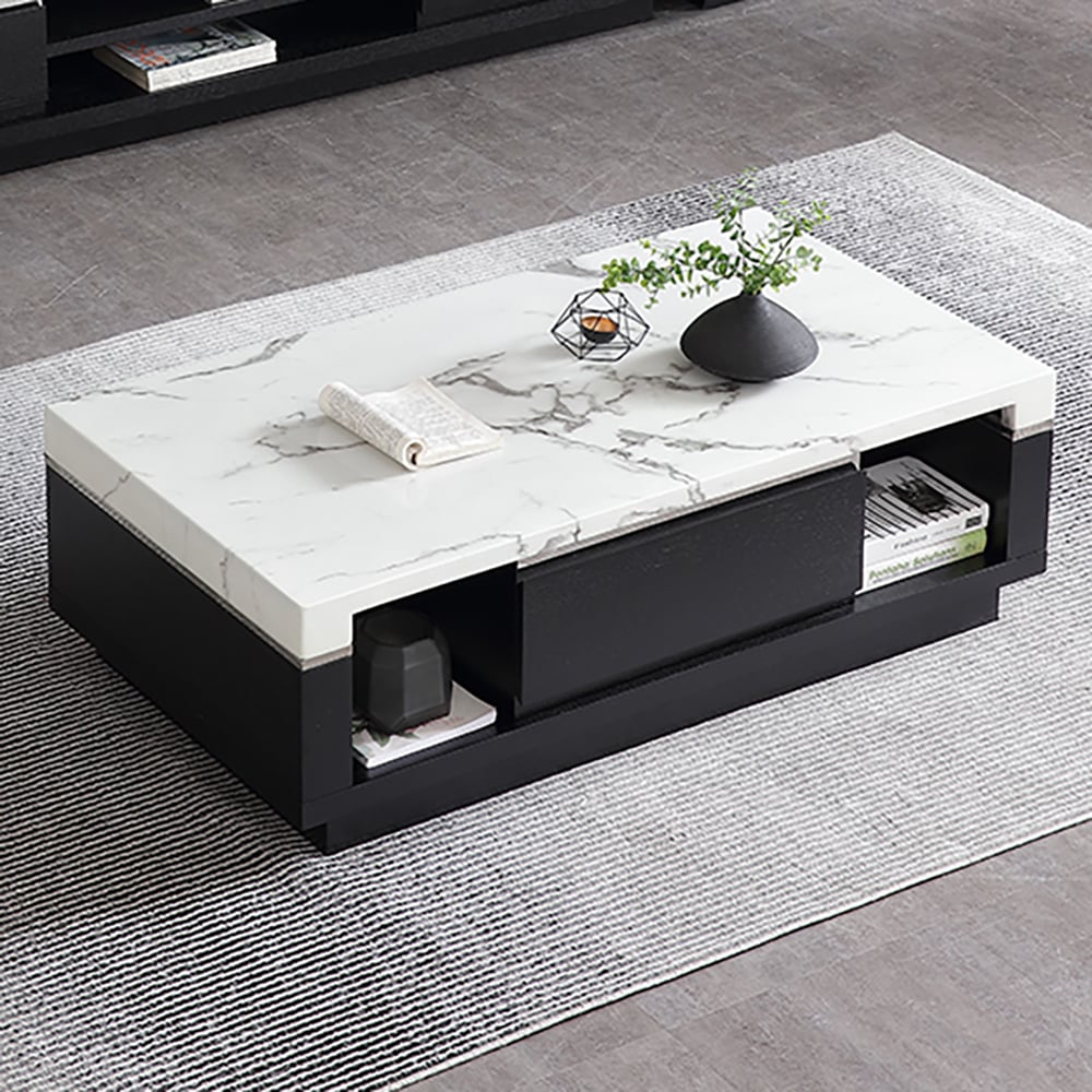 Modern Marble Coffee Table Black & White with Storage & Drawers in Wood