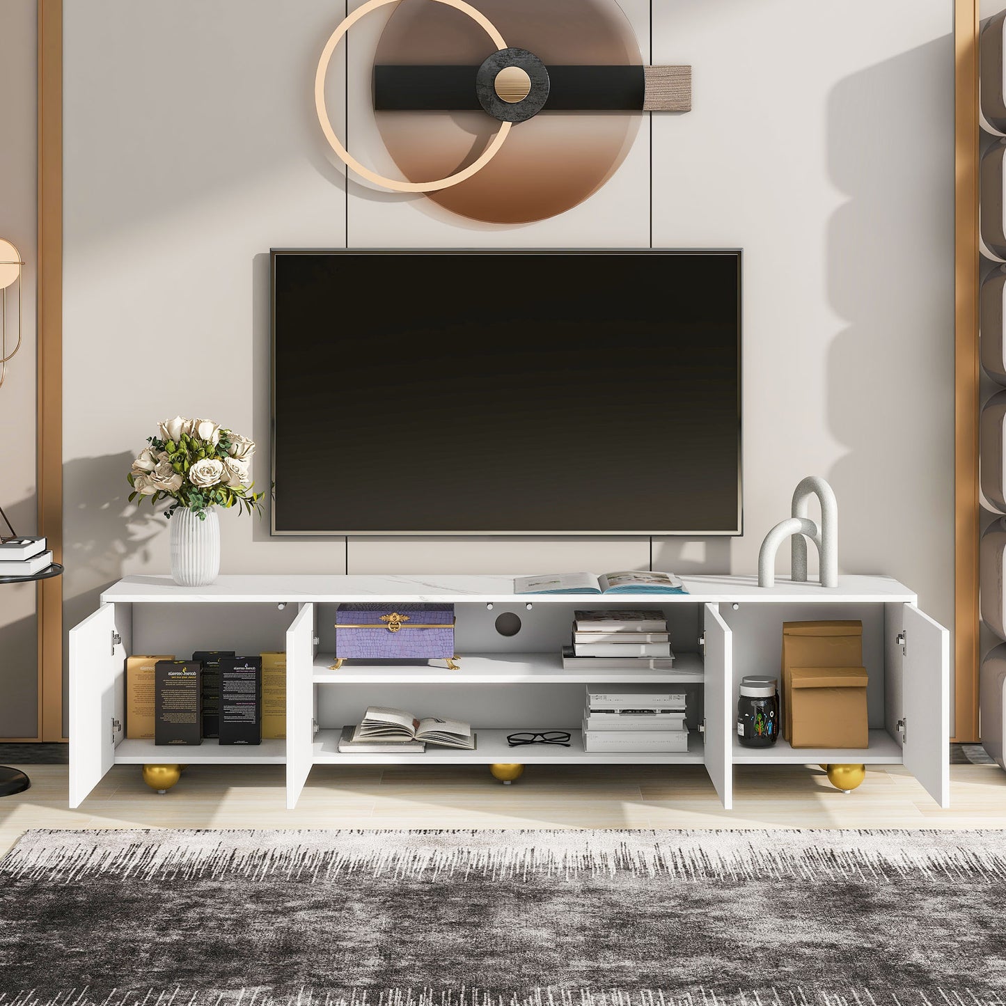 Modern TV Stand for TVs up to 75 Inches, Entertainment Center with Storage Cabinets and 1 Adjustable Shelf, Media Console with Marble-patterned Top and Golden Round Metal Legs for Living room