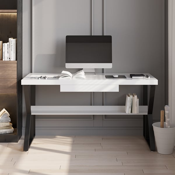 White Wooden Writing Desk Computer Desk with Shelf & Drawer Black Legs