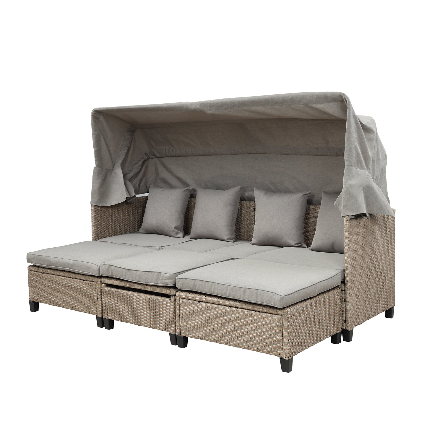 TOPMAX Ensemble de canapé de patio en osier en résine résistant aux UV 4 pièces avec auvent rétractable, coussins et table élévatrice, marron