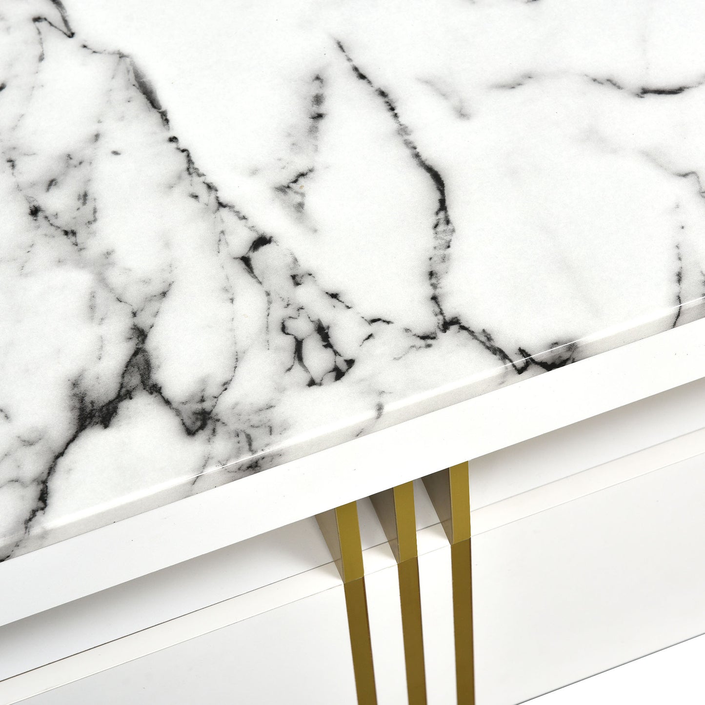 [VIDEO provided] ON-TREND Contemporary Coffee Table with Faux Marble Top, Rectangle Cocktail Table with Caster Wheels, Moderate Luxury Center Table with Gold Metal Bars for Living Room, White