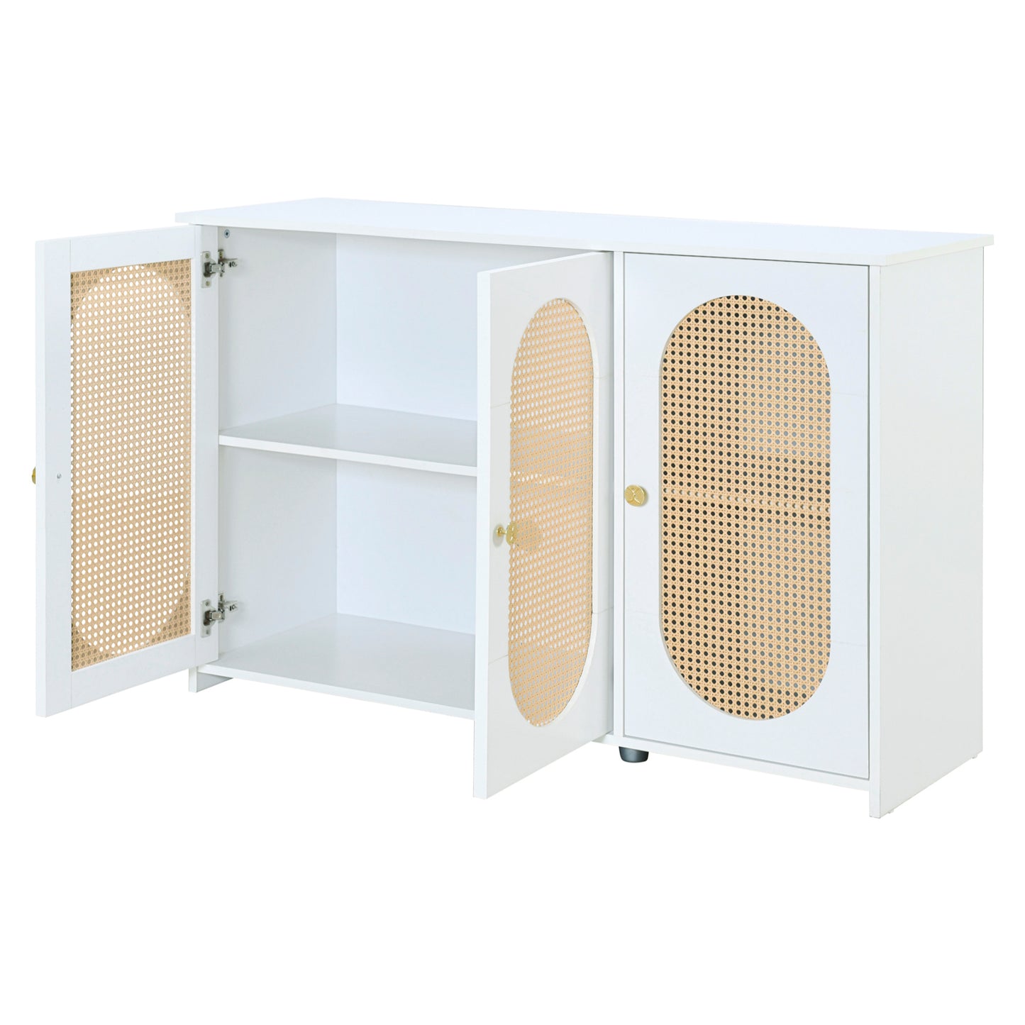 TREXM Retro 3-Door Sideboard with Large Storage Space Artificial Rattan Doors and Metal Handles, Accent Cabinet for Living Room and Hallway (White)