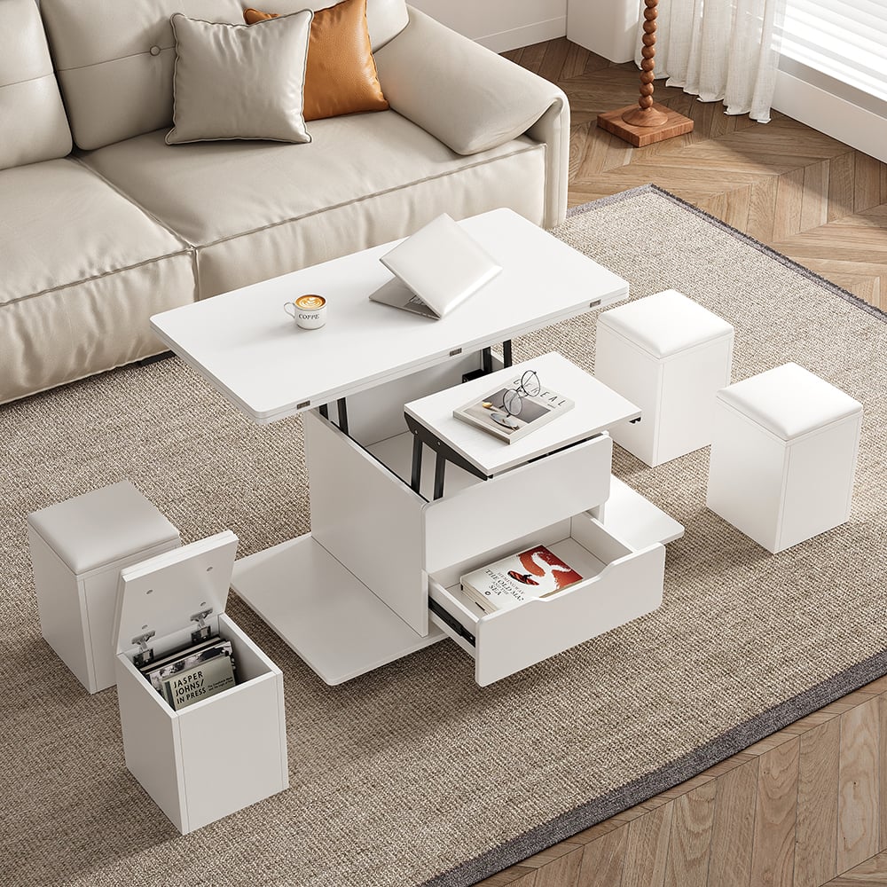 Modern White Lift Top Coffee Table 4 in 1 with Storage Ottoman Foldable and Casters