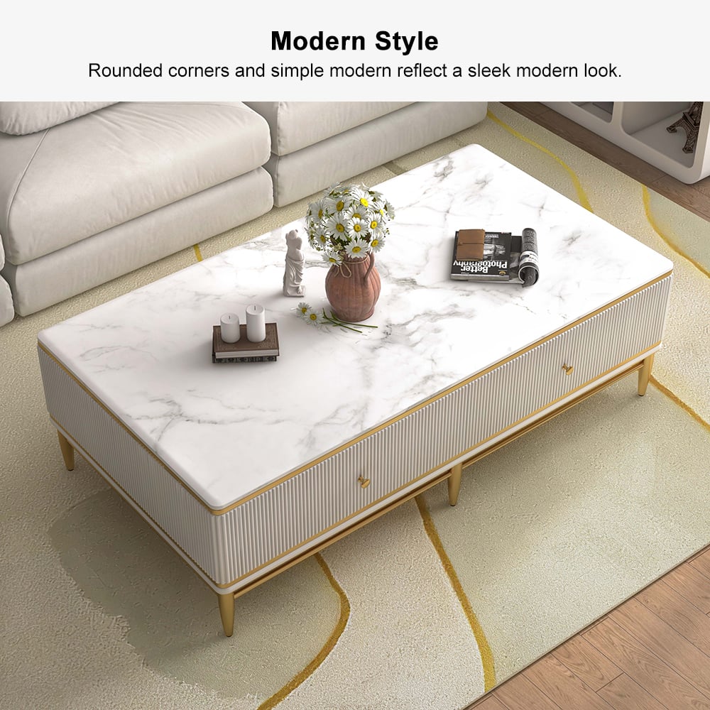 51" White Faux Marble Rectangle Coffee Table in Gold with Storage 4 Drawers