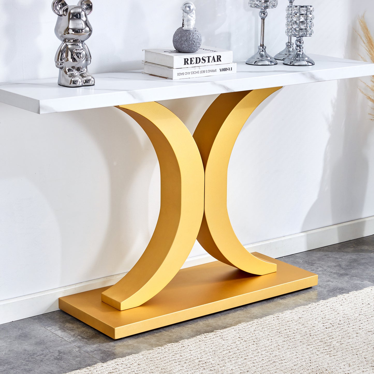 Chic Minimalist Foyer Table with White Surface and Gold Base - Ideal for Entryways