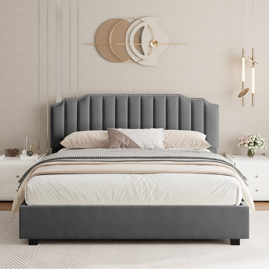 Lift Up Double Size Bed In Gray Velvet