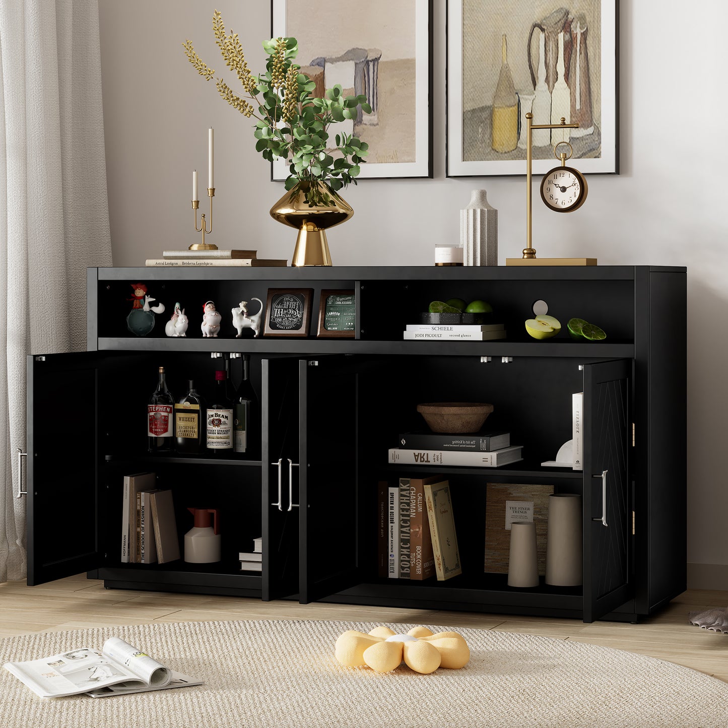 TREXM 4-door Classic Sideboard with Open Storage and Adjustable Shelves Perfect for kitchens,  living rooms (Black)