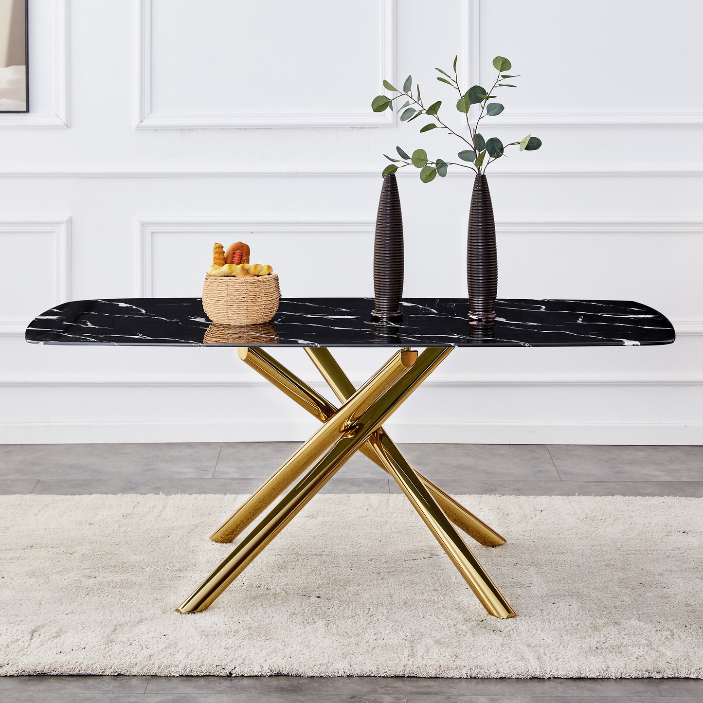 Contemporary Large Dining Table with Black Imitation Marble Top - 0.39" Thick Design with Golden Metal Legs, Perfect for Dining Rooms